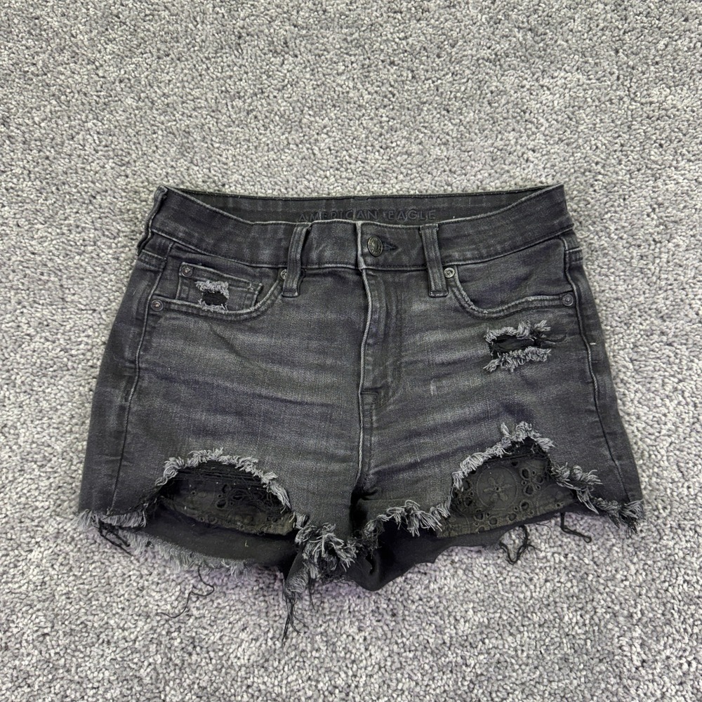 American Eagle High Rise Shortie Womens 4 Black Distressed Eyelet Cut Off